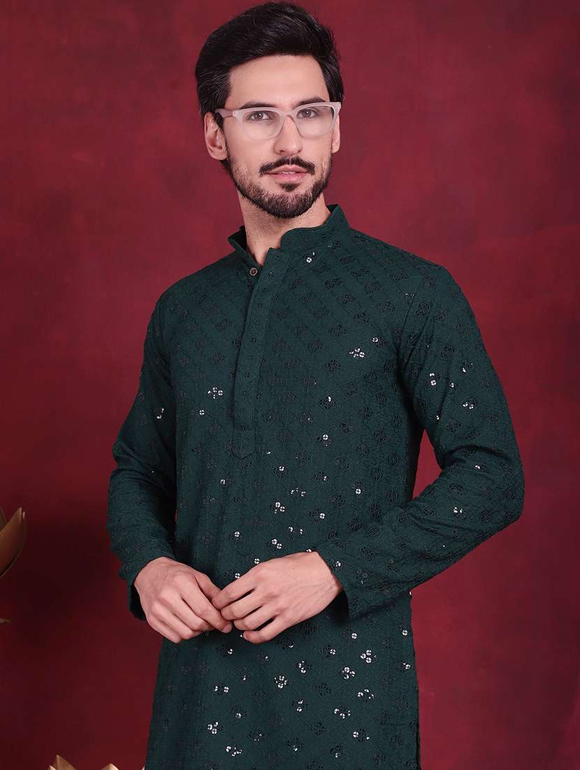men solid with work mandarin neck long kurta - 20733253 -  Standard Image - 6