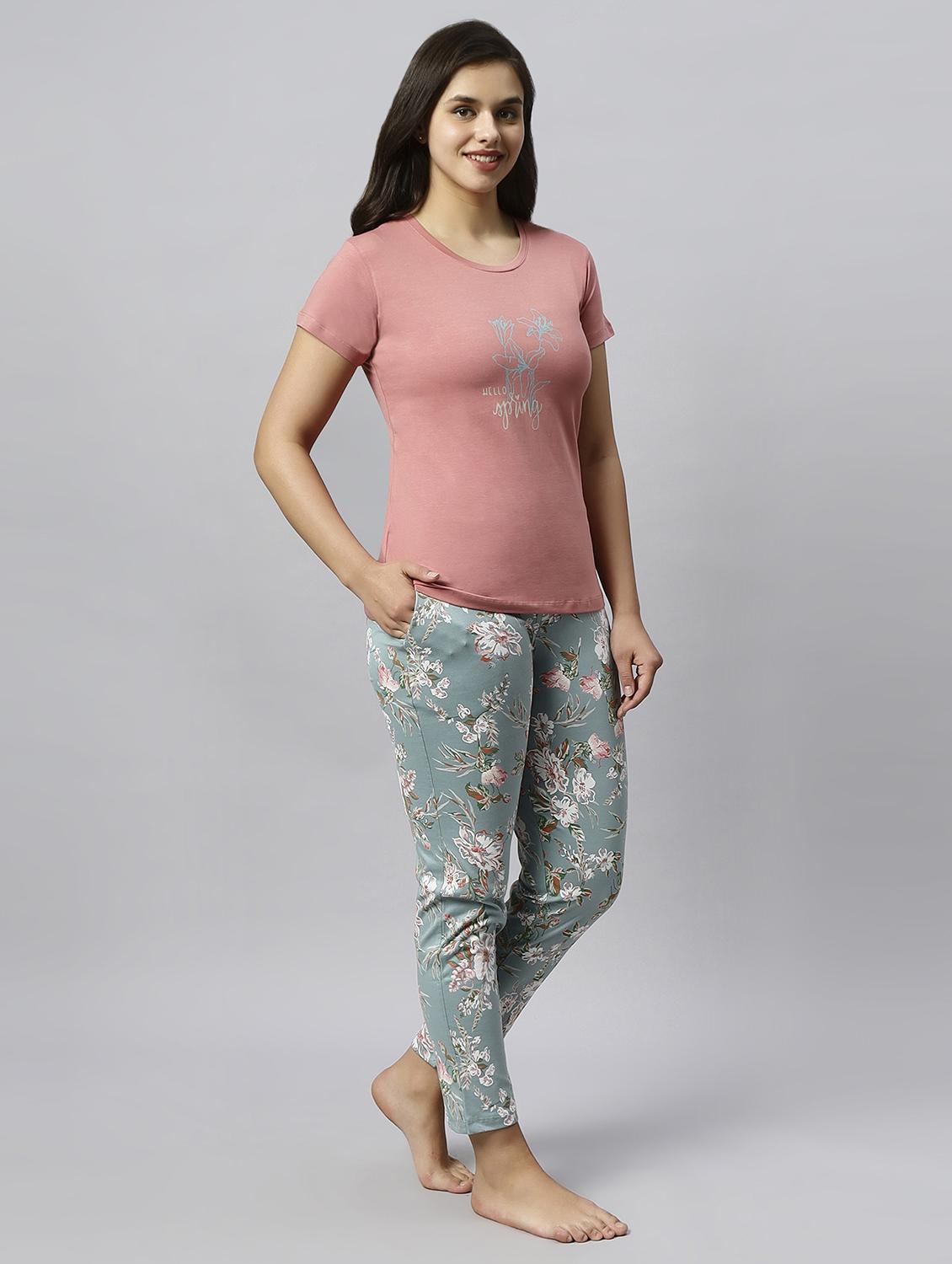 women round neck printed t-shirt & full length pyjama set - 20742807 -  Standard Image - 1