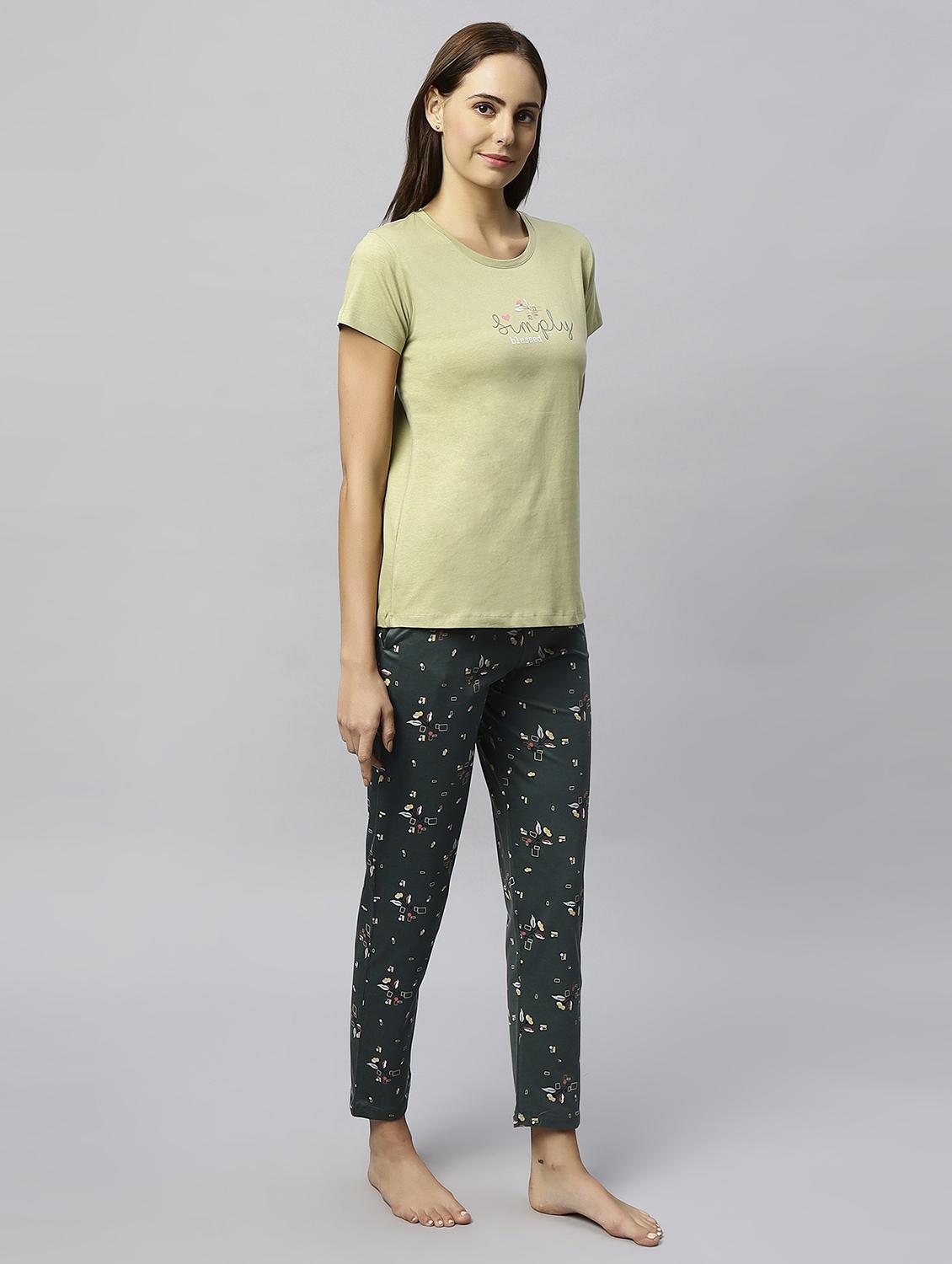 women round neck printed t-shirt & full length pyjama set - 20742814 - Standard Image - 1