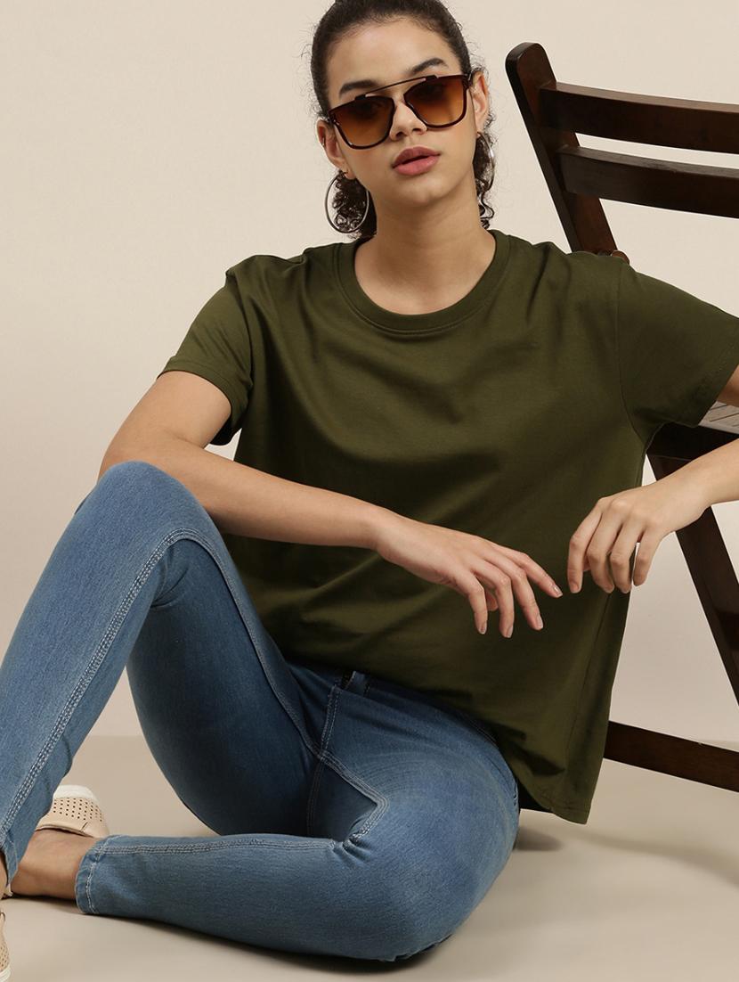 women round neck solid regular t-shirt - 20745299 - Standard Image - 1