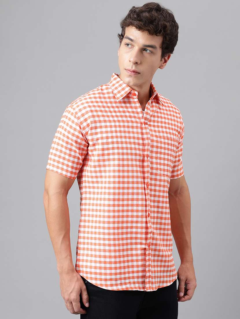 orange cotton blend checks casual shirt - 20754274 -  Standard Image - 1