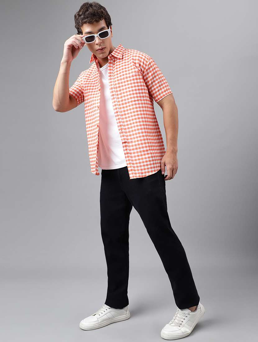 orange cotton blend checks casual shirt - 20754274 - Standard Image - 4
