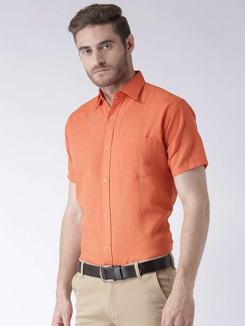 orange cotton blend plain casual shirt - 20754415 - Standard Image - 1