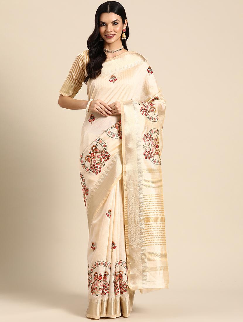 cream embroidered bordered saree with blouse - 20754438 - Standard Image - 1
