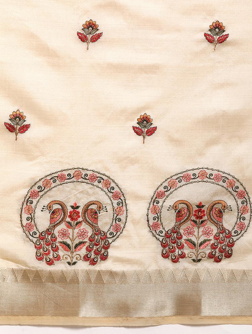 cream embroidered bordered saree with blouse - 20754438 - Standard Image - 4