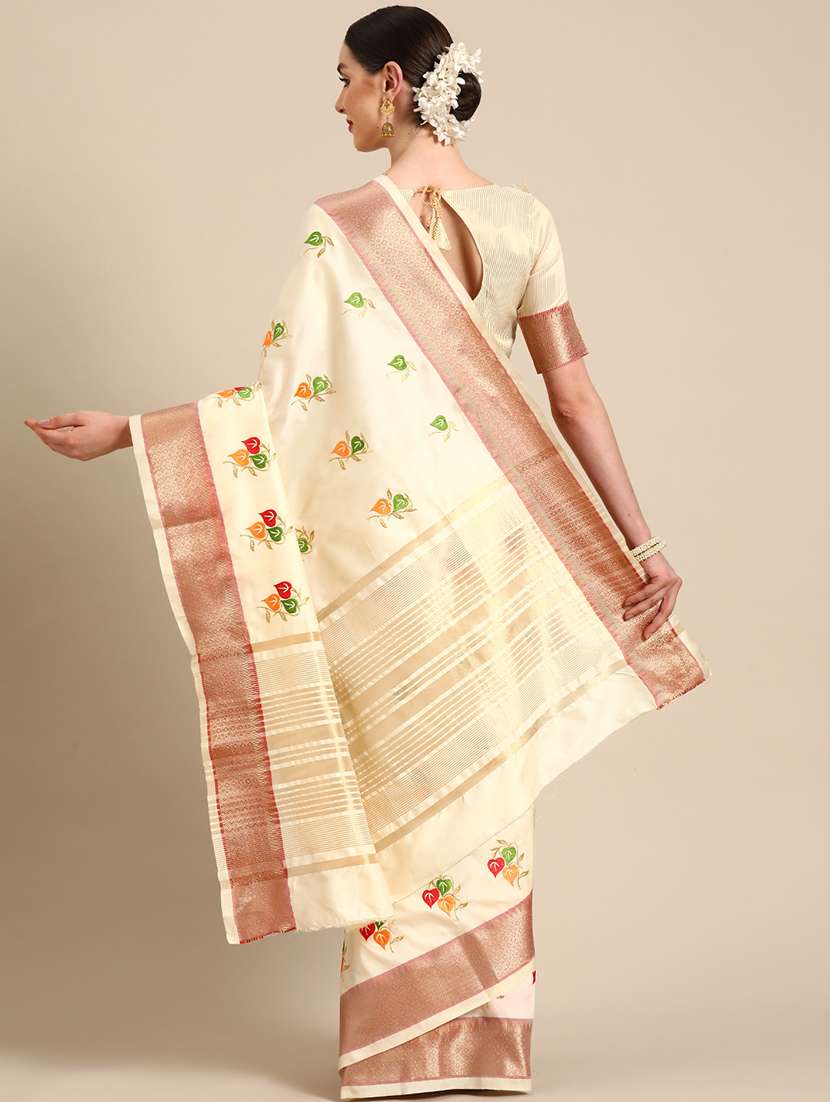 cream solid with work saree with blouse - 20754445 -  Standard Image - 1