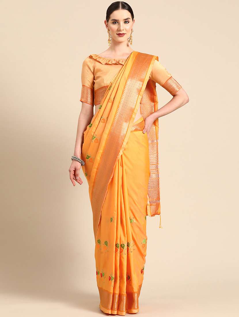yellow solid with work saree with blouse - 20754446 -  Standard Image - 1