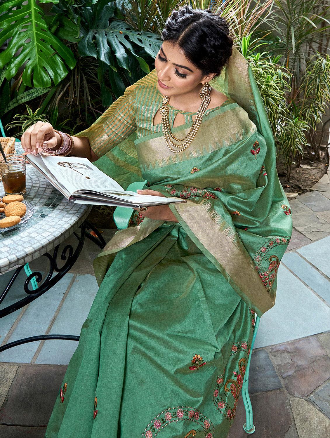 sea green solid with work saree with blouse - 20754464 -  Standard Image - 1