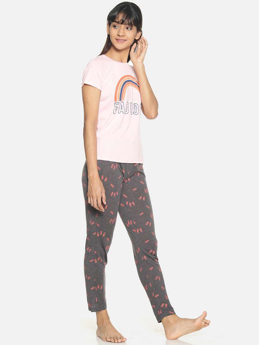 women printed round neck regular t-shirt & pyjama set - 20754533 -  Standard Image - 1