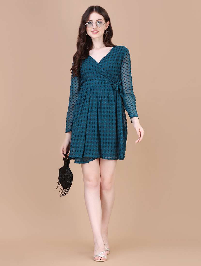 women teal long sleeve wrap dress