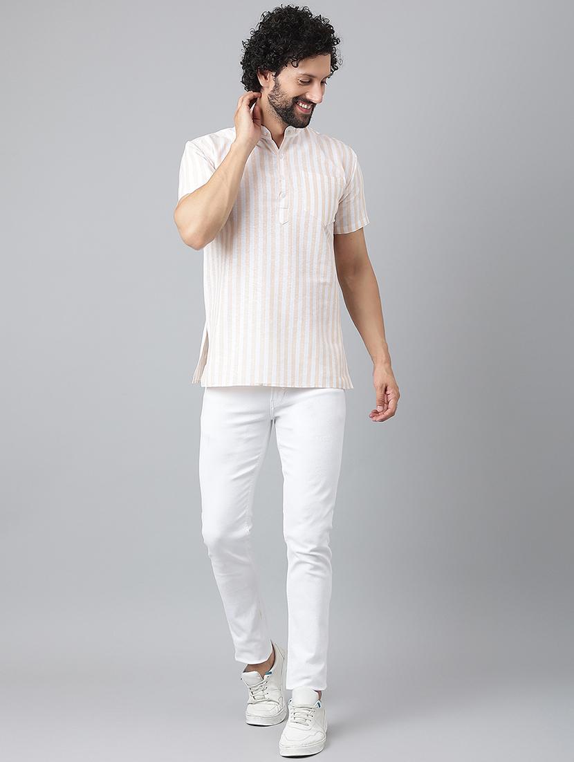 beige vertical striped short kurta - 20754582 - Standard Image - 4