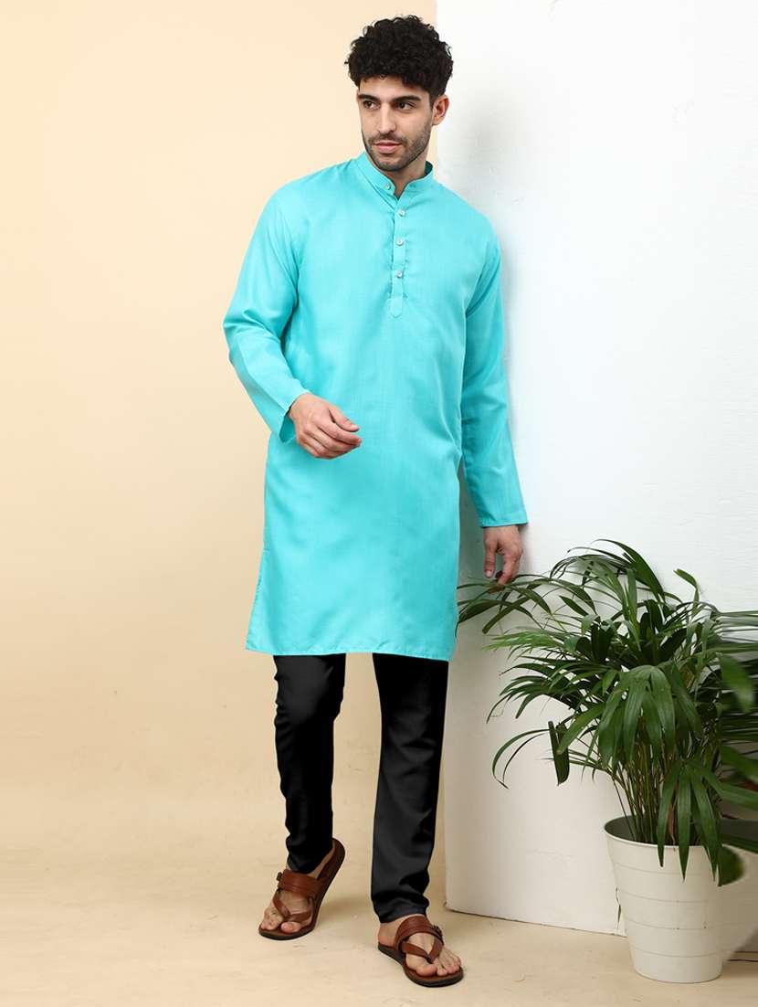 solid green button detailed kurta