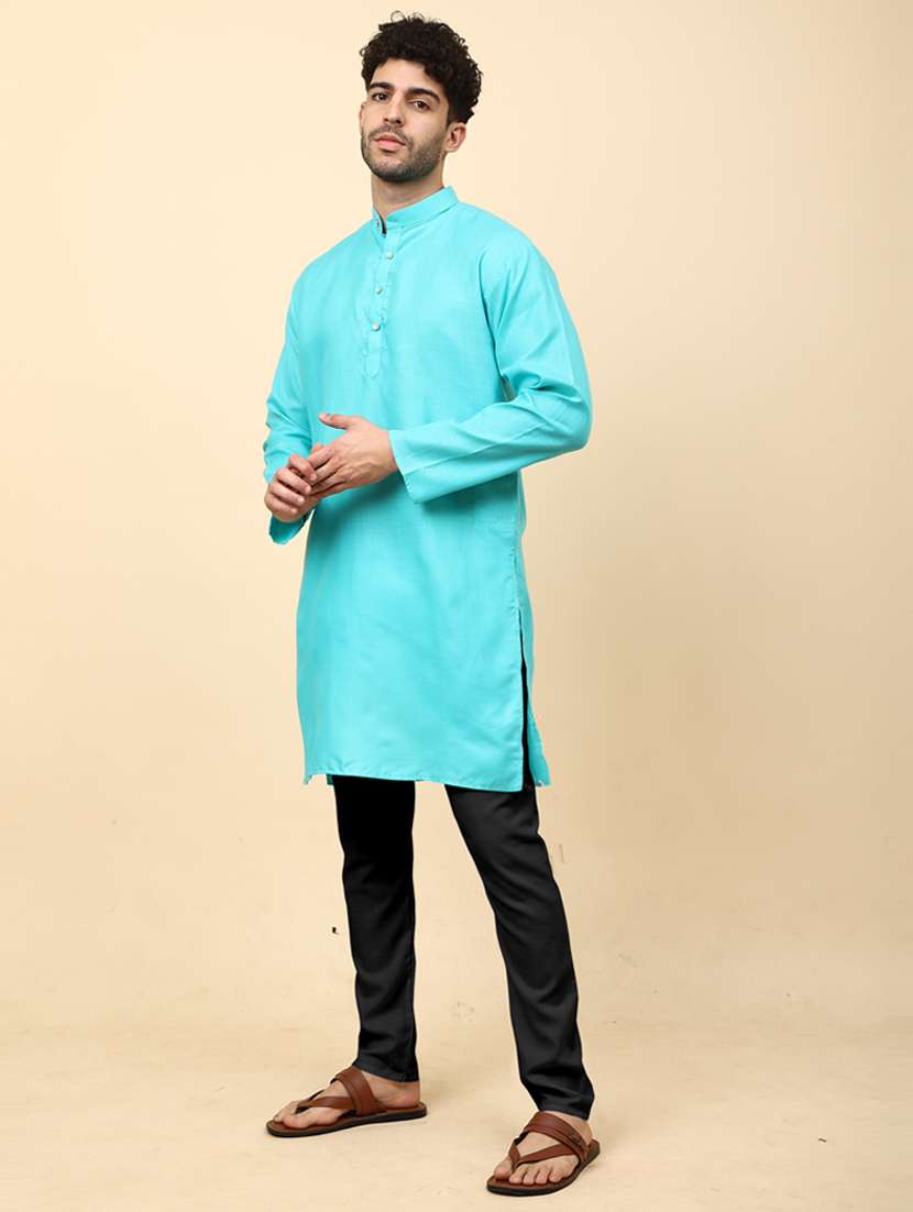 solid green button detailed kurta - 20754596 -  Standard Image - 1