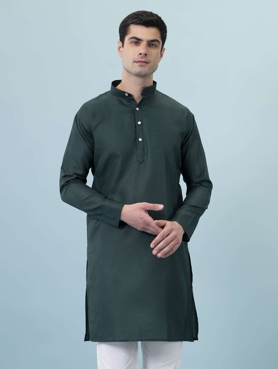 solid green button detailed long kurta