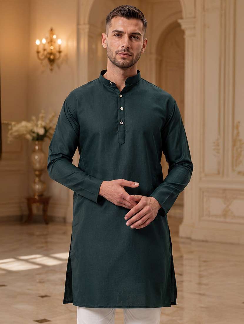 solid green button detailed long kurta