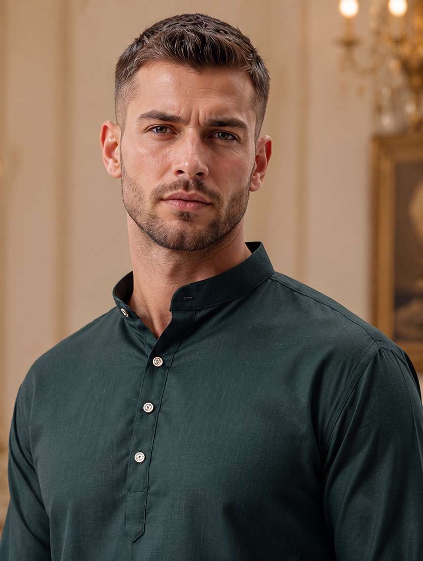 solid green button detailed long kurta - 20754597 -  Standard Image - 1