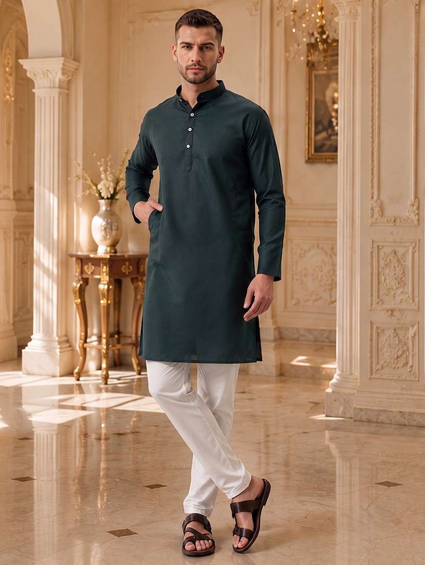 solid green button detailed long kurta - 20754597 -  Standard Image - 4