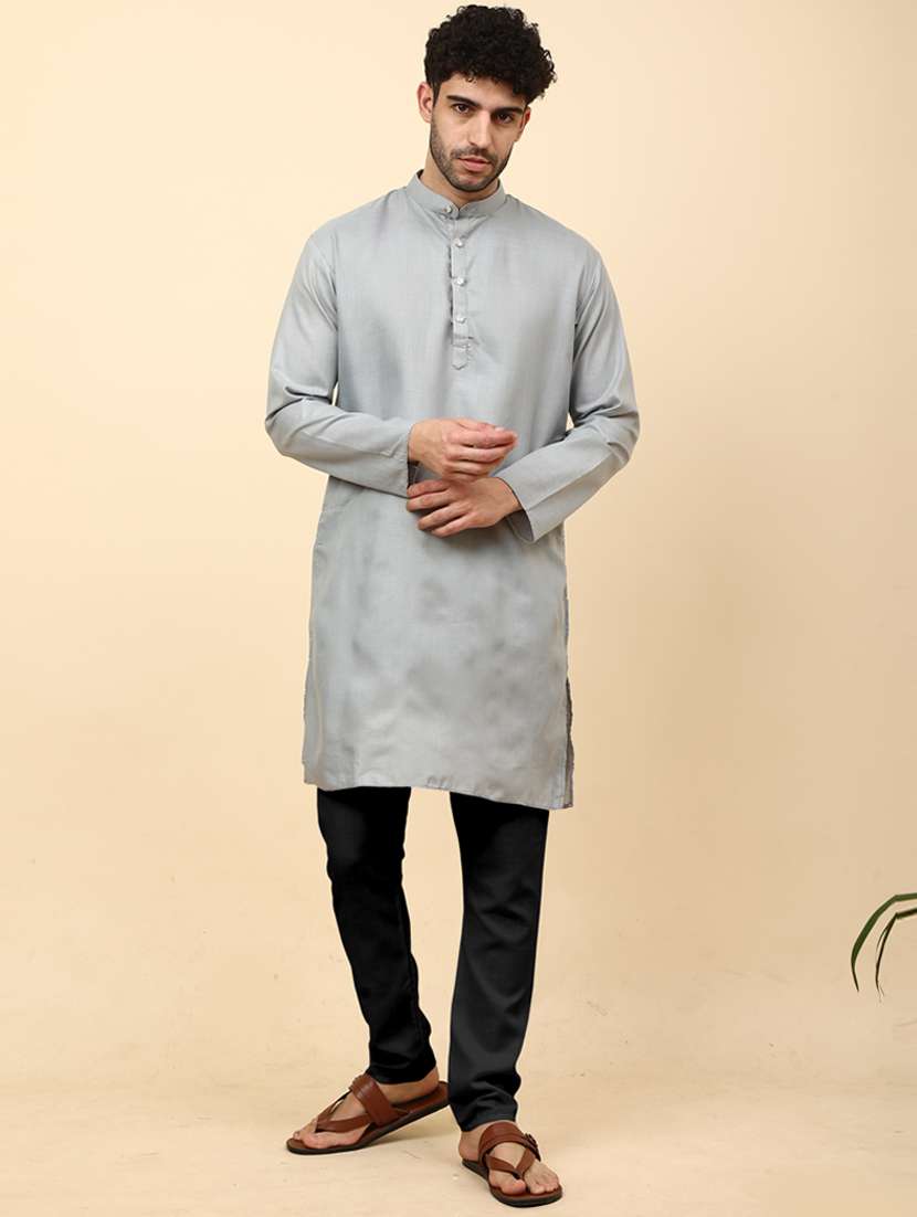 solid grey button detailed long kurta