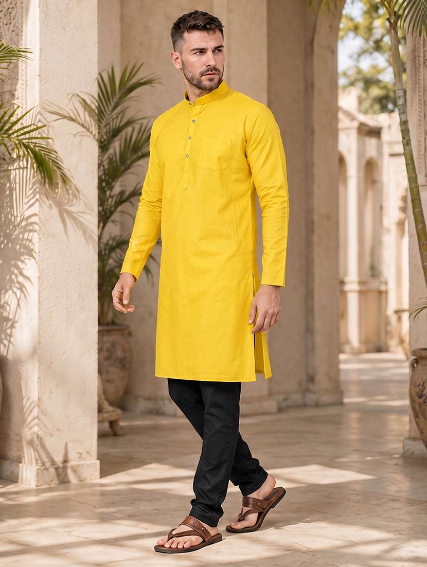 men yellow solid long kurta - 20754600 -  Standard Image - 1