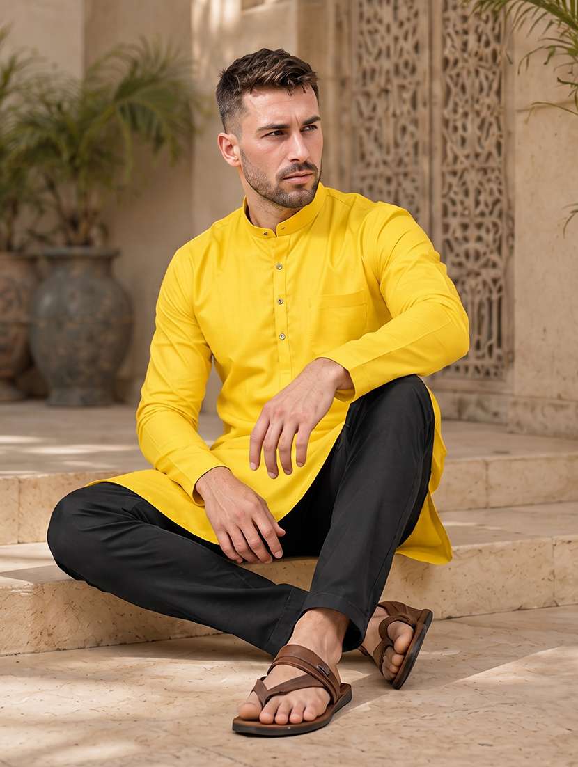 men yellow solid long kurta - 20754600 -  Standard Image - 4