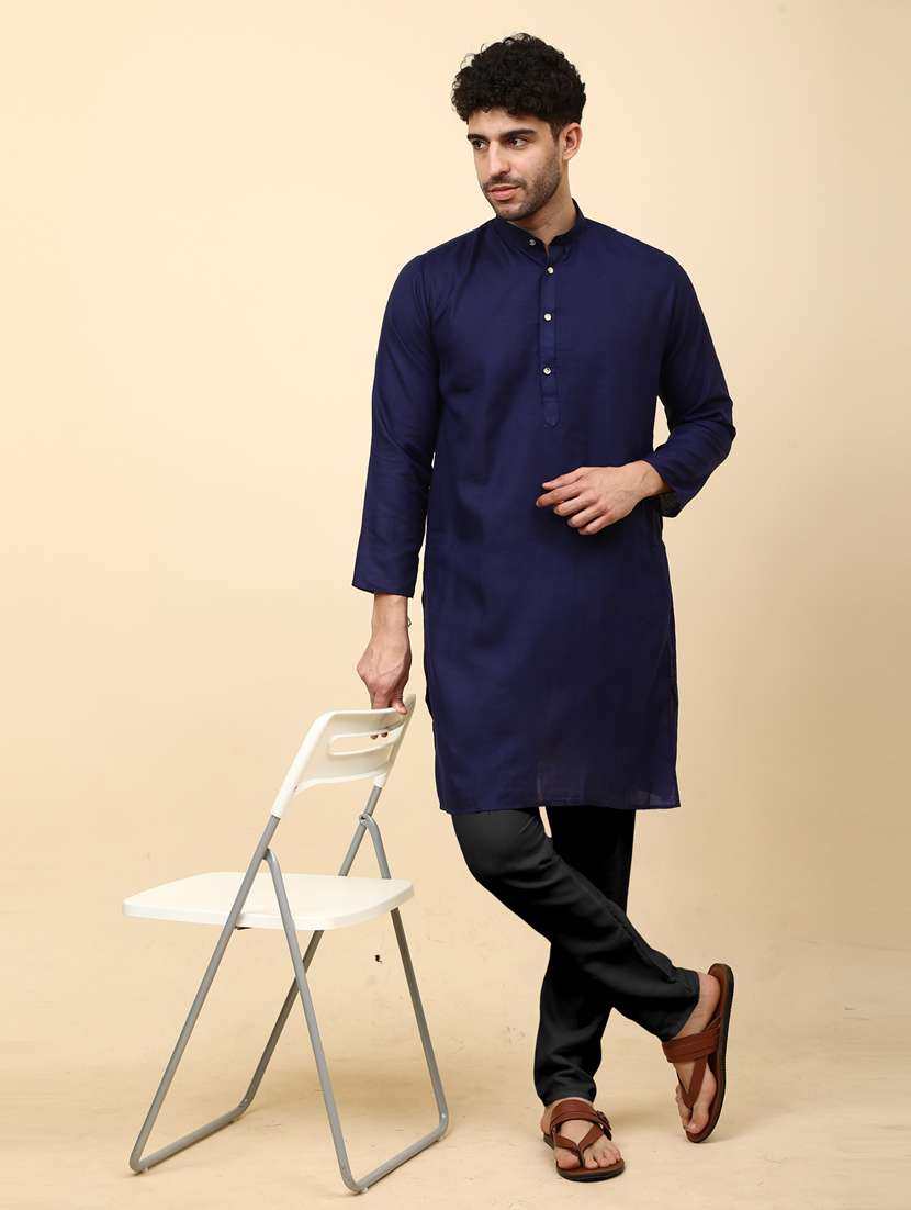 solid navy blue button detailed long kurta - 20754601 -  Standard Image - 1