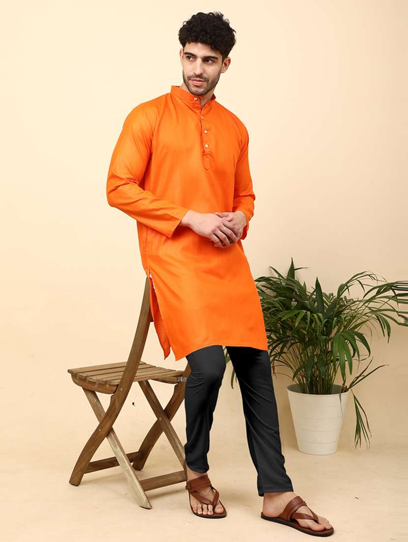 men orange solid long kurta - 20754602 -  Standard Image - 1