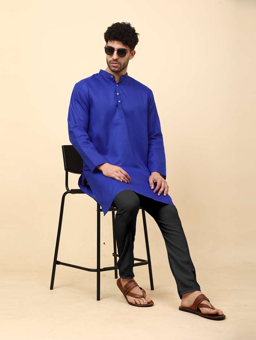 solid blue button detailed long kurta - 20754604 -  Standard Image - 1