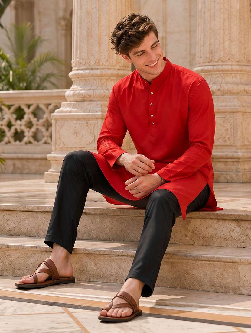 men red solid long kurta - 20754605 -  Standard Image - 4