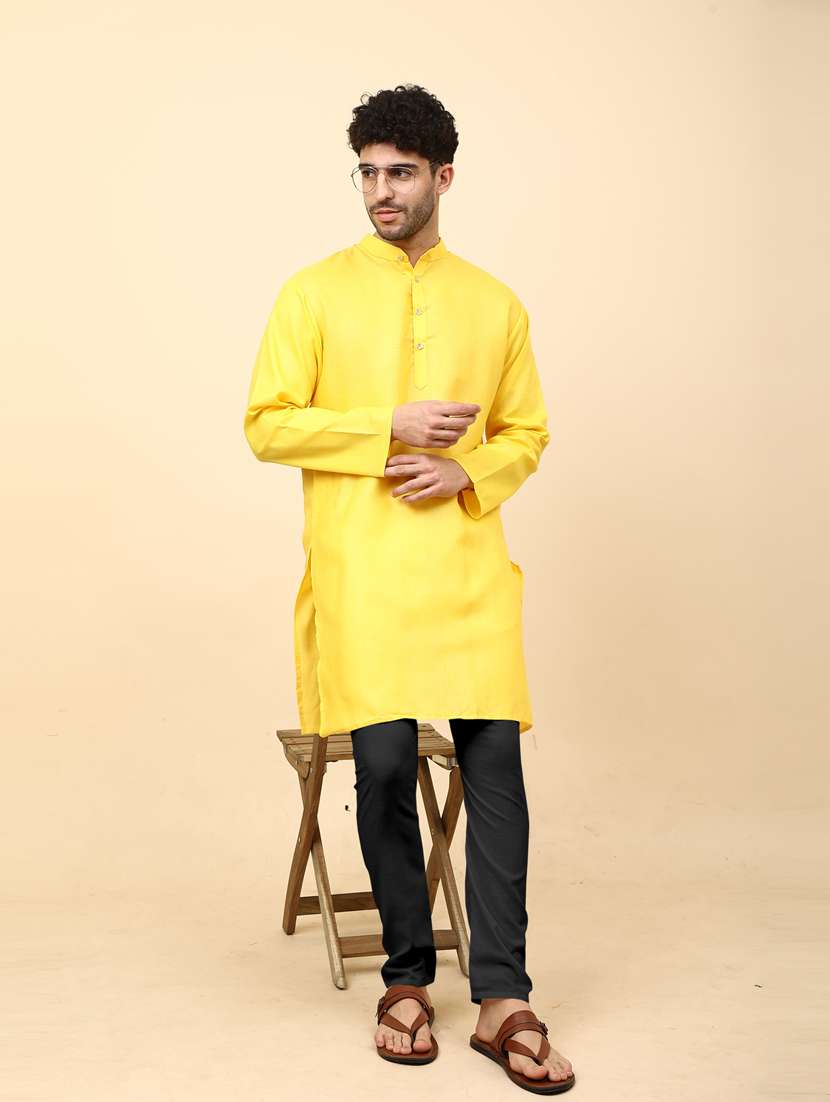men yellow solid long kurta - 20754607 -  Standard Image - 1
