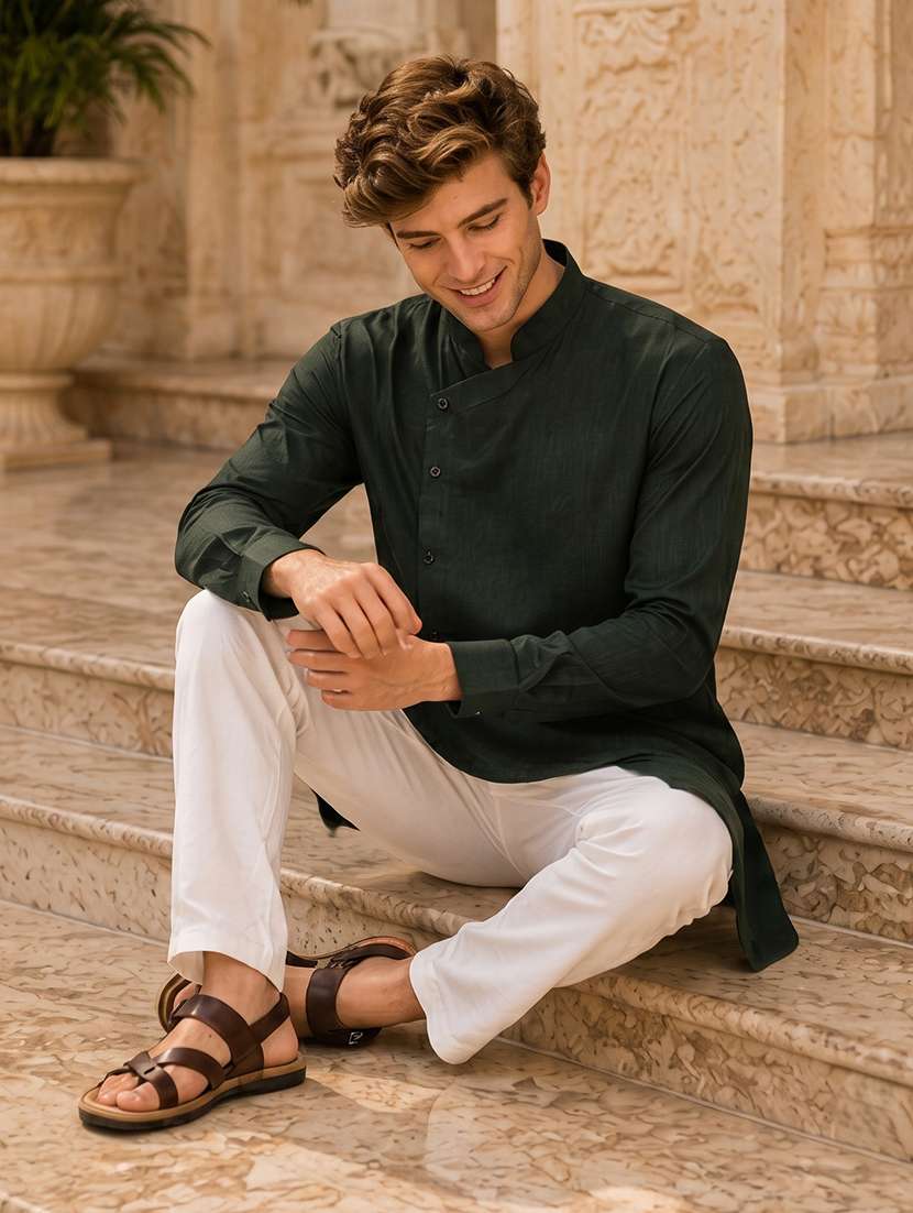 men solid cotton kurta pyjama ethnic wear set - 20754618 -  Standard Image - 4