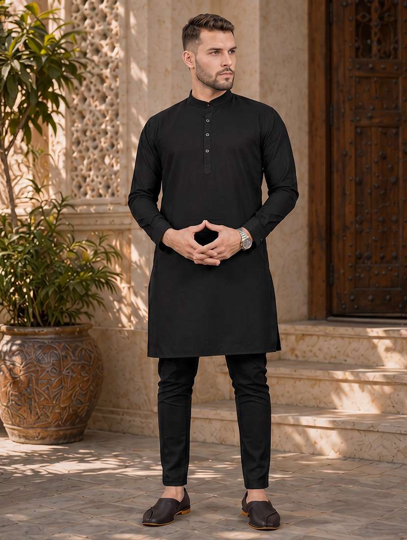 men solid cotton kurta pyjama ethnic wear set