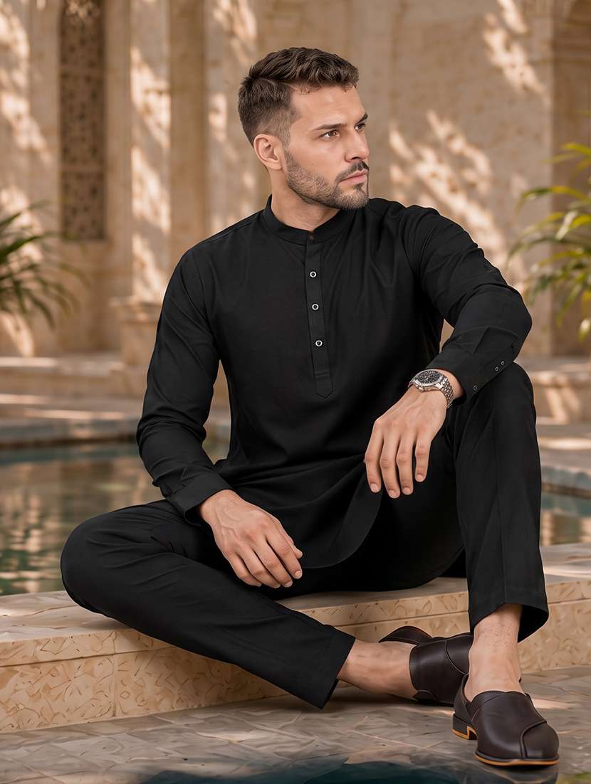 Men Solid Cotton Kurta Pyjama Ethnic Wear Set - 20754631 -  Standard Image - 4