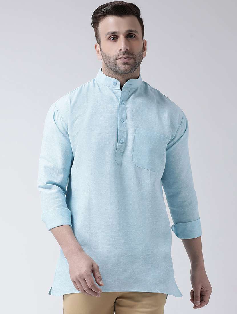 solid light blue button detailed short kurta