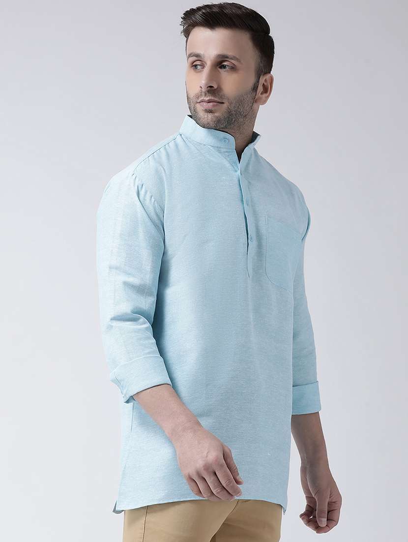 solid light blue button detailed short kurta - 20754670 -  Standard Image - 1