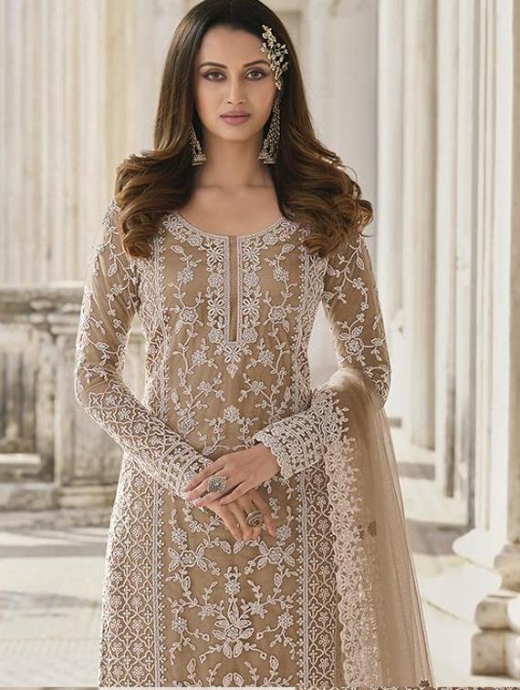 beige embroidered semi-stitched suit set - 20754732 - Standard Image - 1