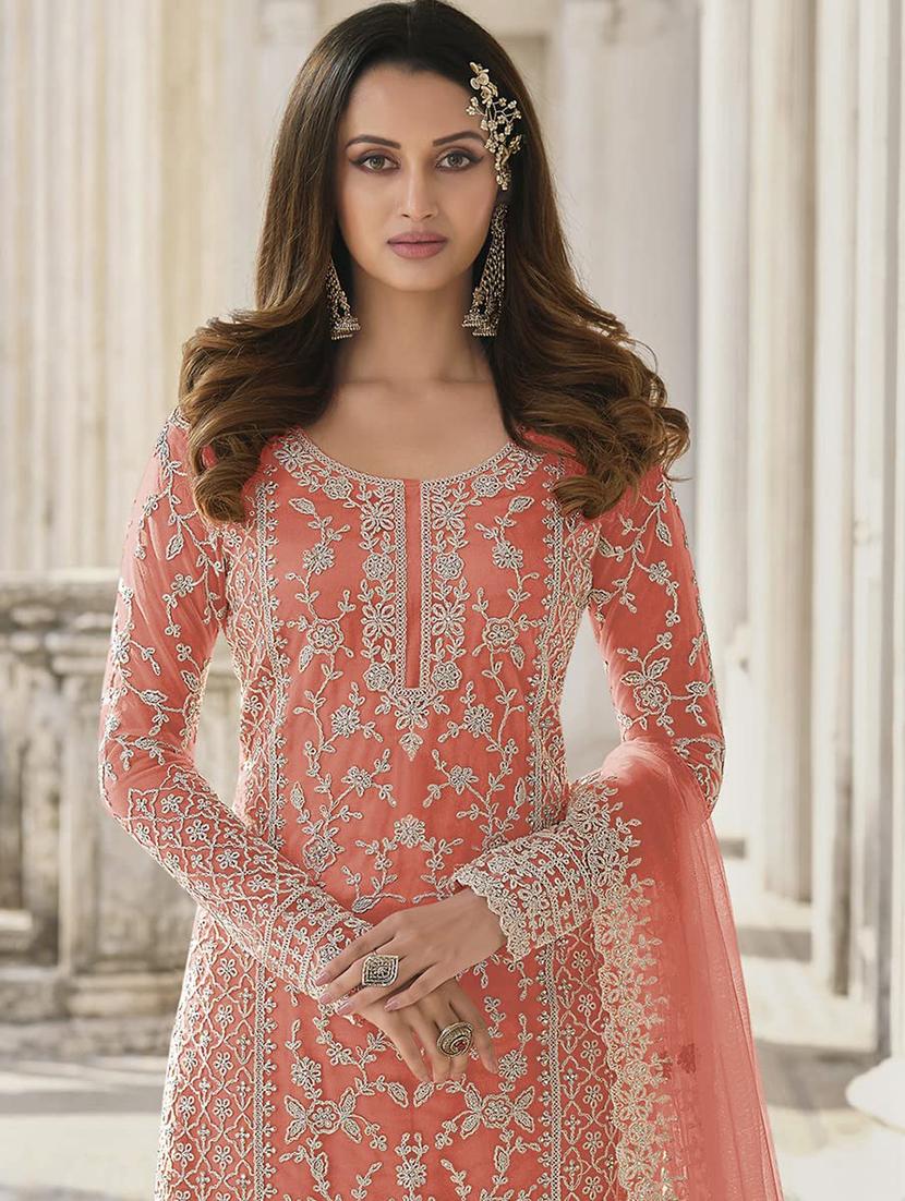 orange embroidered semi-stitched suit set - 20754735 - Standard Image - 1