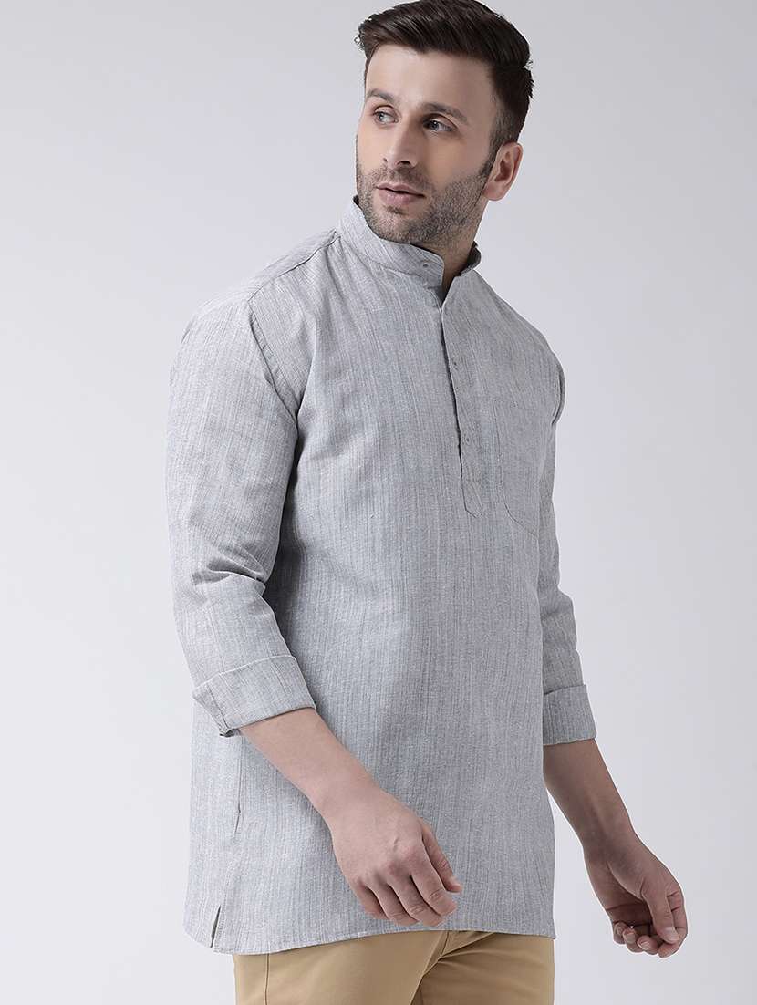 grey self design button detailed short kurta - 20754848 -  Standard Image - 1