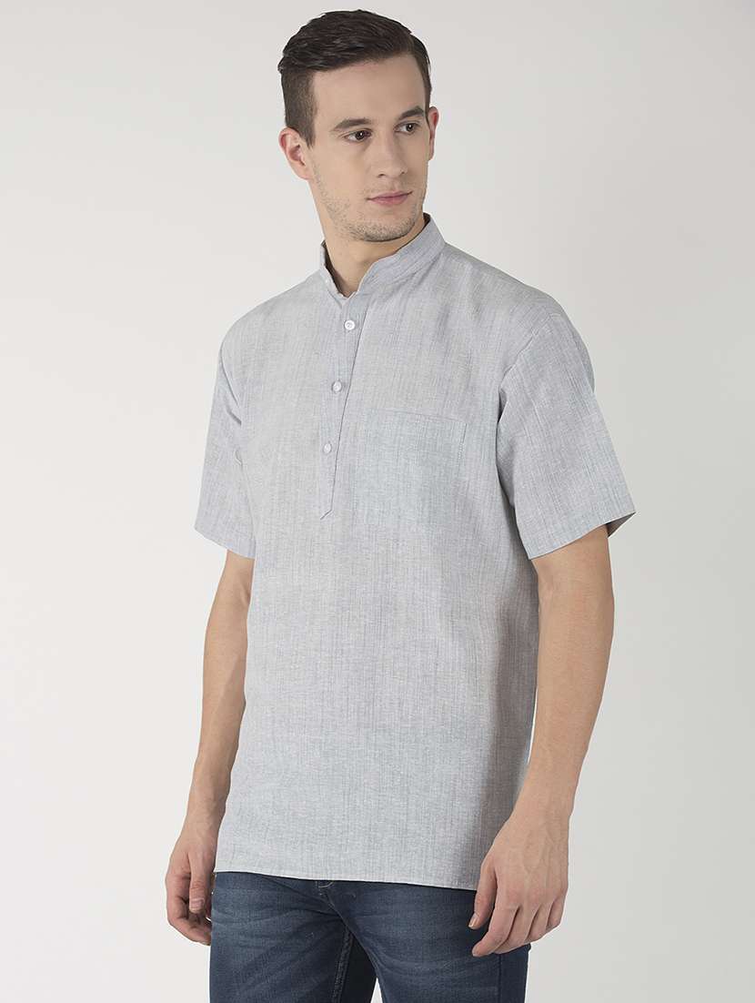 grey self design button detailed short kurta - 20755051 -  Standard Image - 1