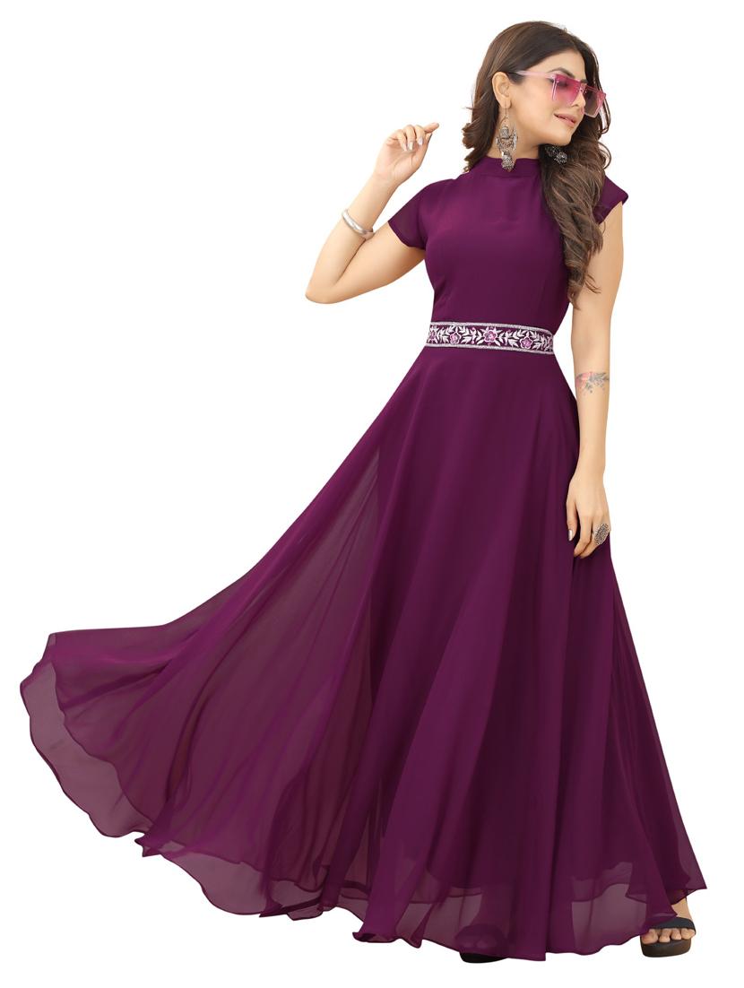 women purple short sleeves flared gown - 20755078 - Standard Image - 1