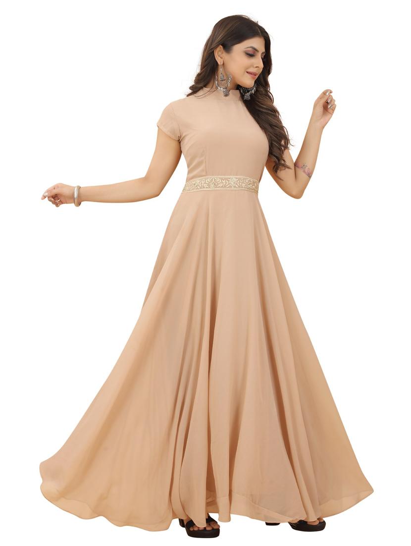 women beige short sleeves flared gown - 20755079 - Standard Image - 1