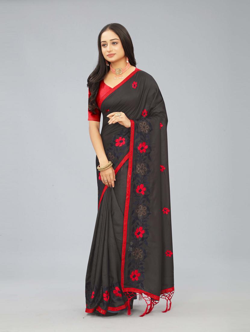 black solid with work saree with blouse - 20755104 -  Standard Image - 1