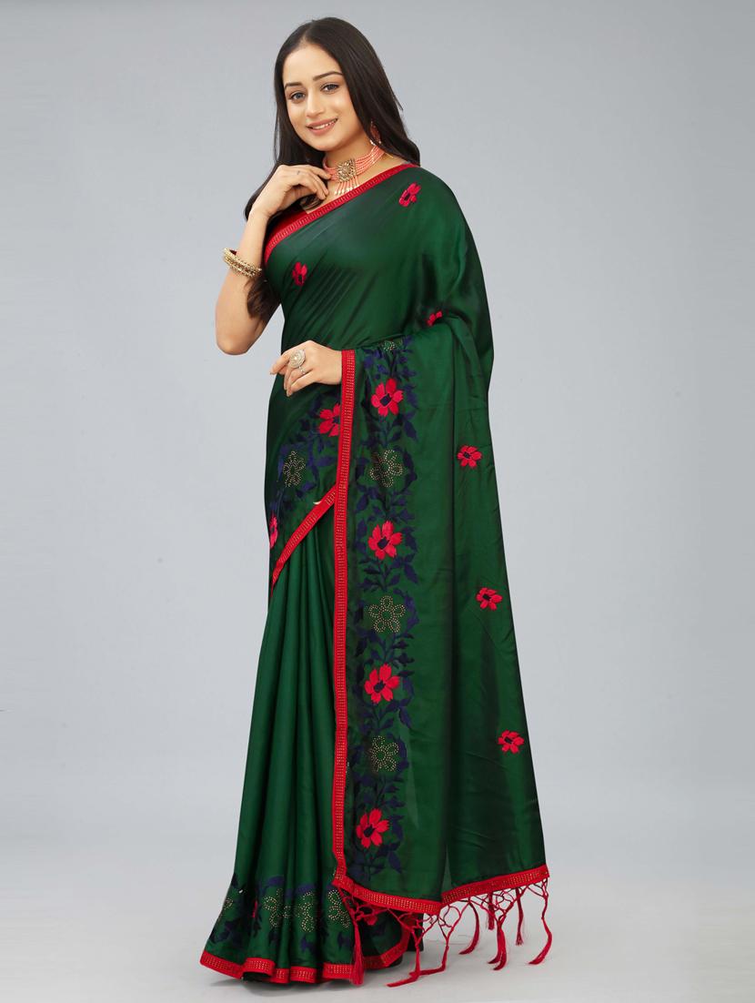 green solid with work saree with blouse - 20755109 - Standard Image - 1