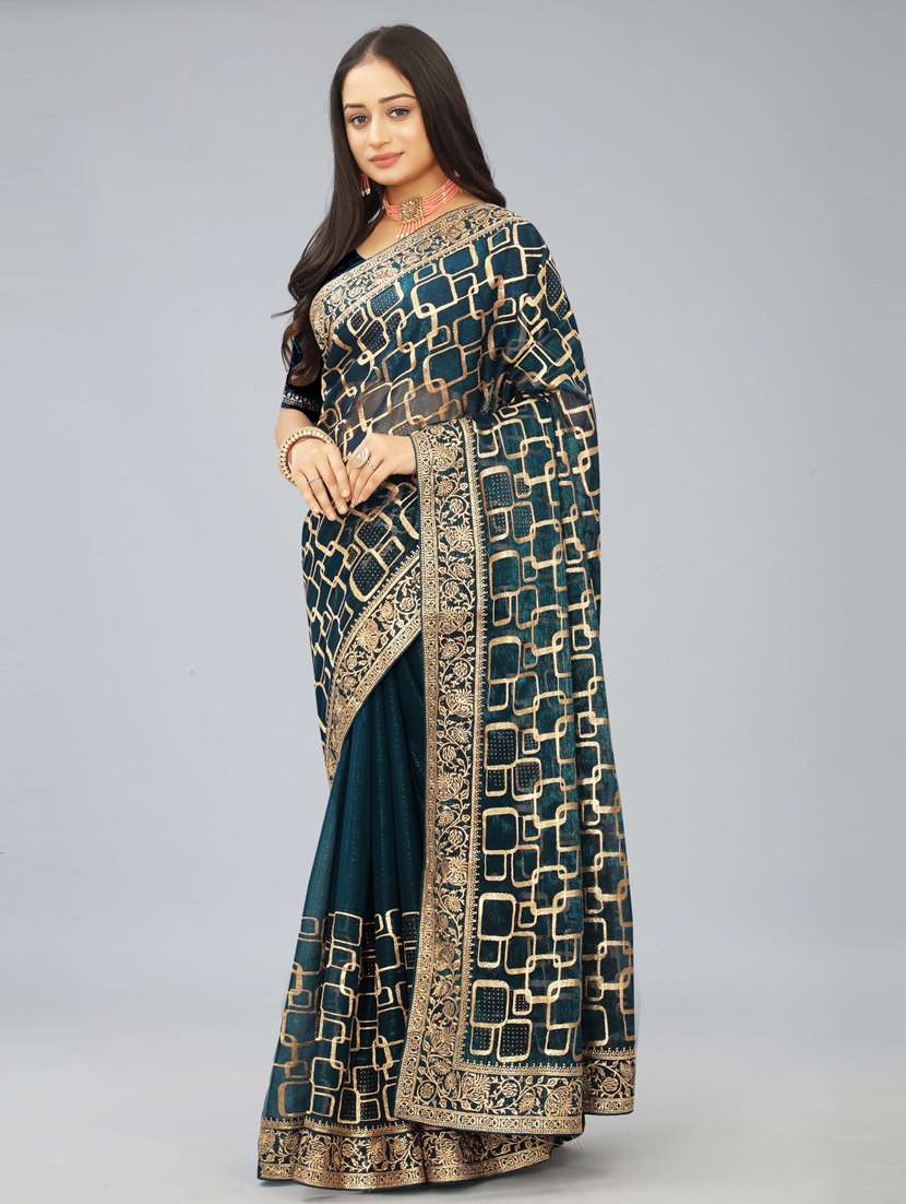 teal foil printed bordered saree with blouse - 20755112 -  Standard Image - 1