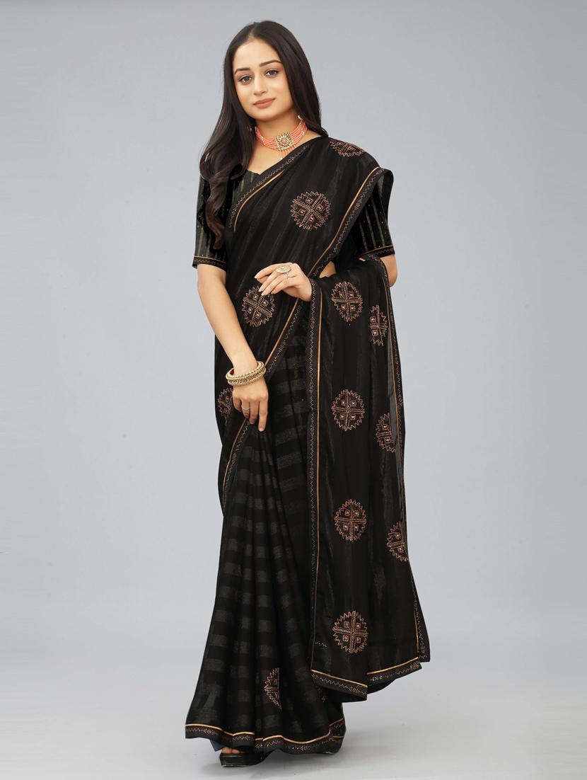 black chiffon embroidered saree with blouse - 20755116 - Standard Image - 1