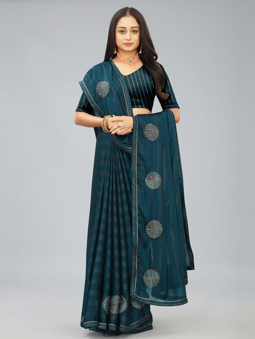 teal chiffon embroidered saree with blouse - 20755117 - Standard Image - 1