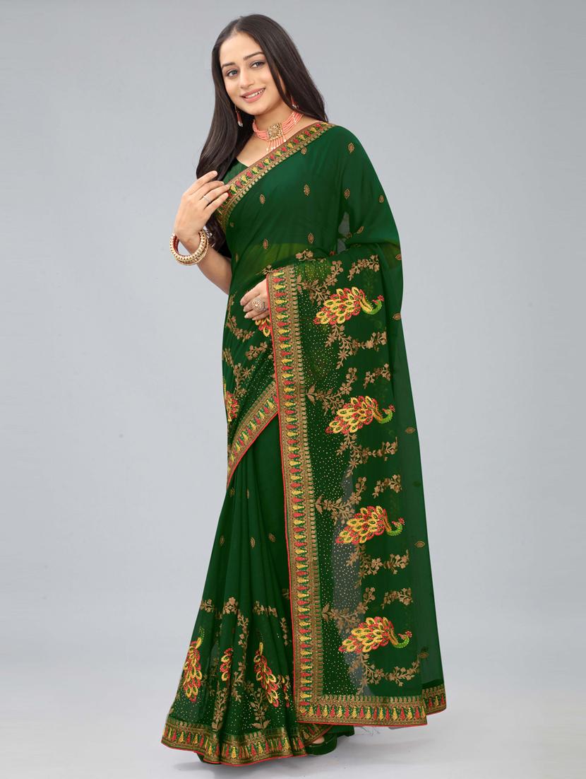 green chiffon embroidered saree with blouse - 20755126 -  Standard Image - 1
