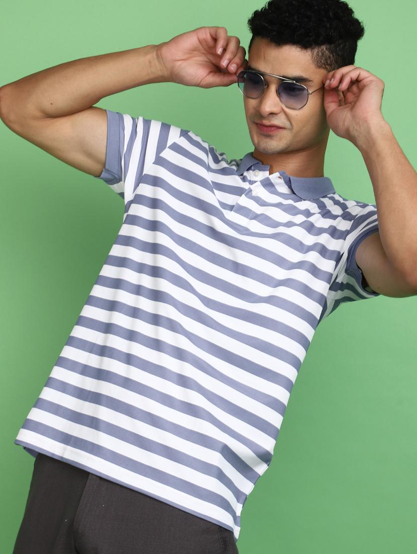 men striped print short sleeve polo t-shirt - 20755272 - Standard Image - 1