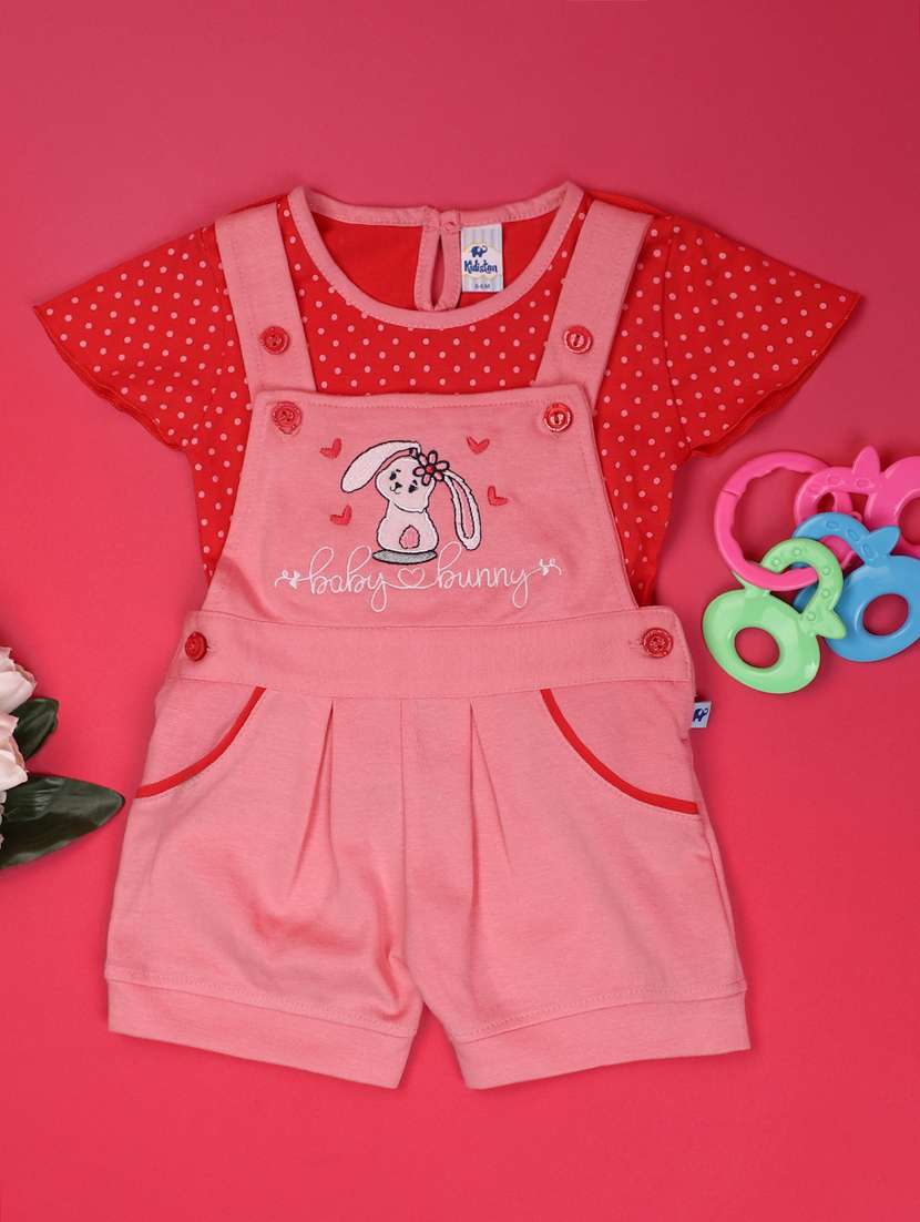 pink printed detailed top & dungaree set