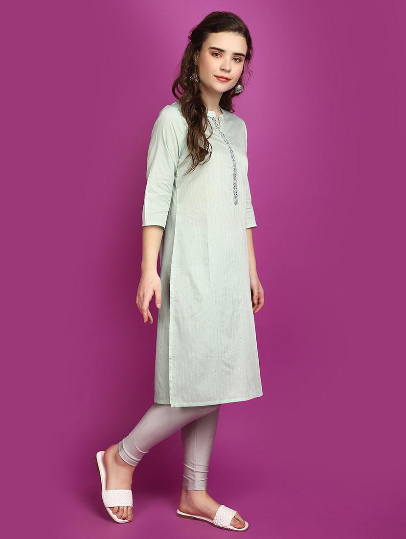 women green mandarin neck straight kurta - 20755487 -  Standard Image - 1