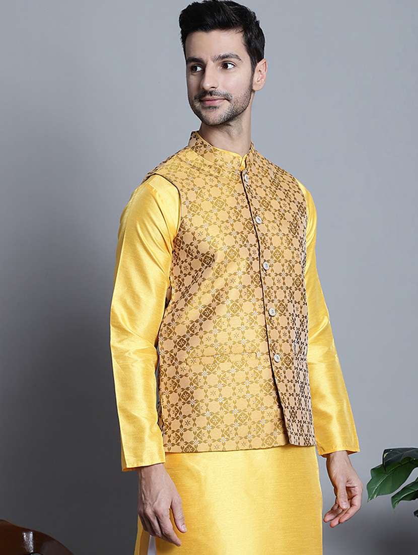 mustard silk blend nehru jacket - 20755511 -  Standard Image - 1
